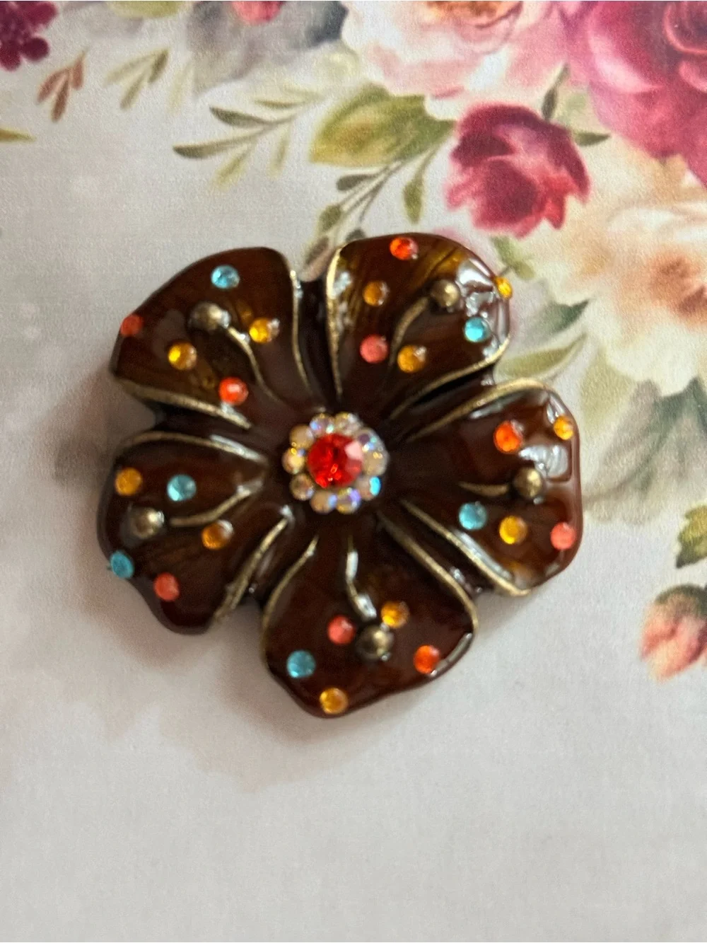 Multicolor Crystal Flower Brooch - Brown Floral Pin